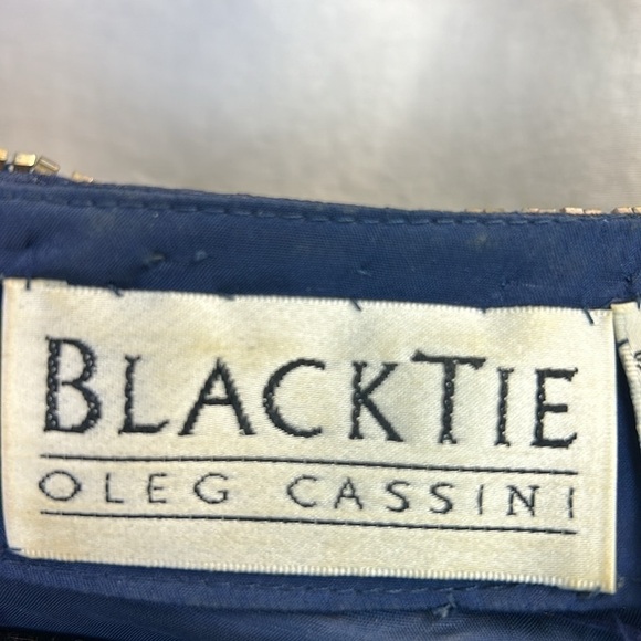 OLEG CASSINI BlackTie Navy Blue & Gold Silk Shimmery Dress W/Beads & Seq… - Picture 3 of 9